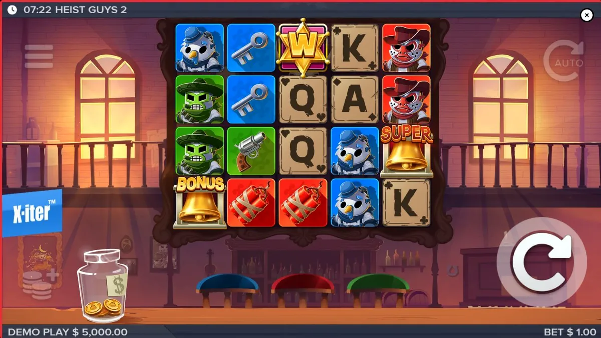 Tampilan visual slot Heist Guys 2 dengan tema koboi dan perampokan