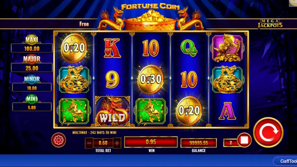 Tampilan visual slot Fortune Coin Mega Jackpot dengan simbol koin emas dan naga.